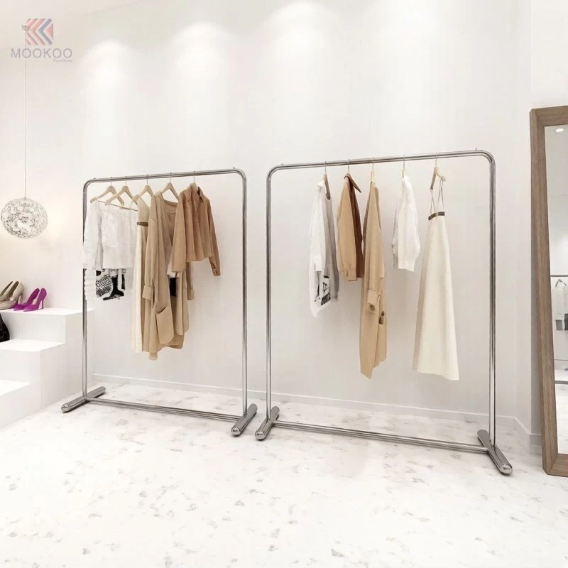 MOOKOO Customized Modern Stainless Steel Floor Standing Heavy Duty Garment Display Rack Hanging Clothes For Boutique Retail Home best